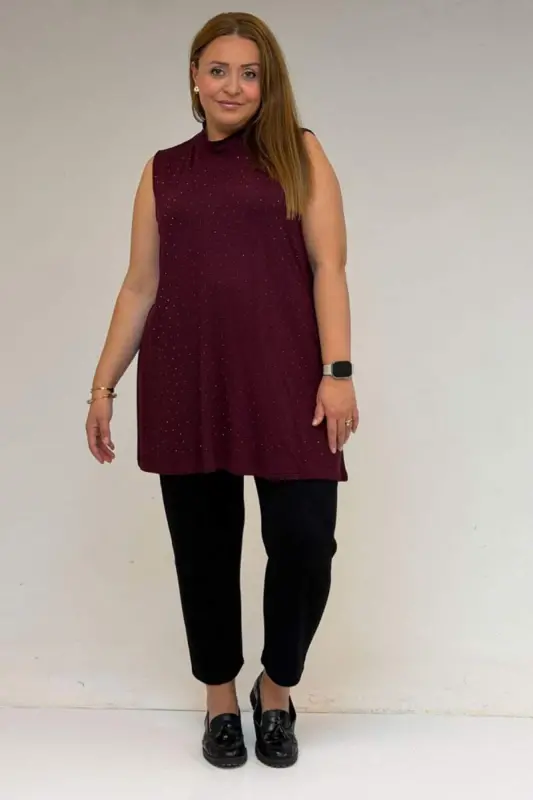 58506 Plus Size Stone Print Knitted Undershirt - Burgundy - 1