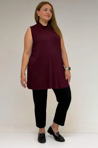 58506 Plus Size Stone Print Knitted Undershirt - Burgundy - BÜYÜKBEDENIZ (1)