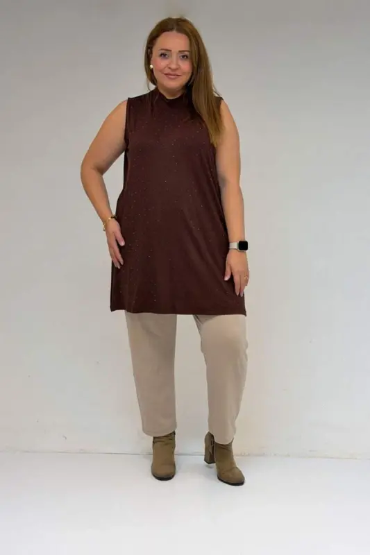 58506 Plus Size Stone Print Knitted Undershirt - Coffee - 1