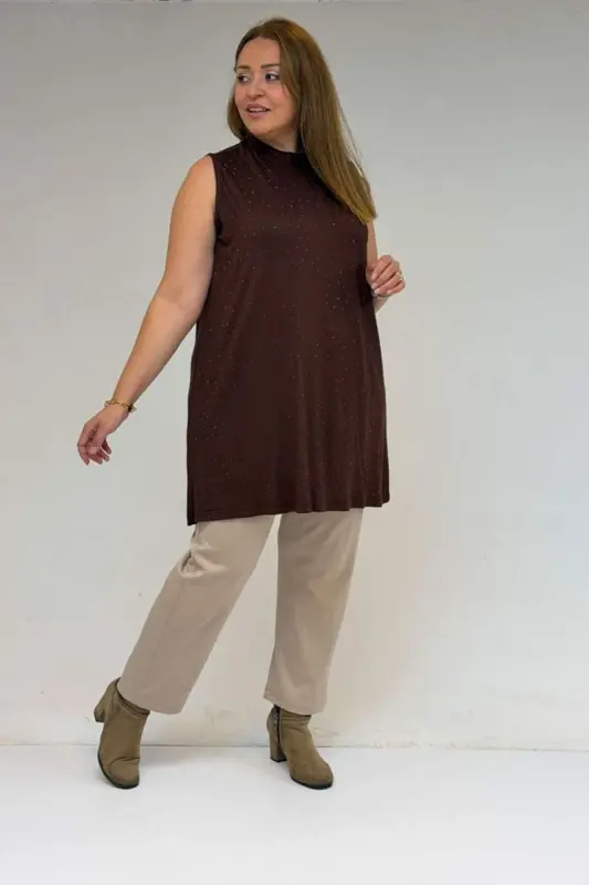 58506 Plus Size Stone Print Knitted Undershirt - Coffee - 2