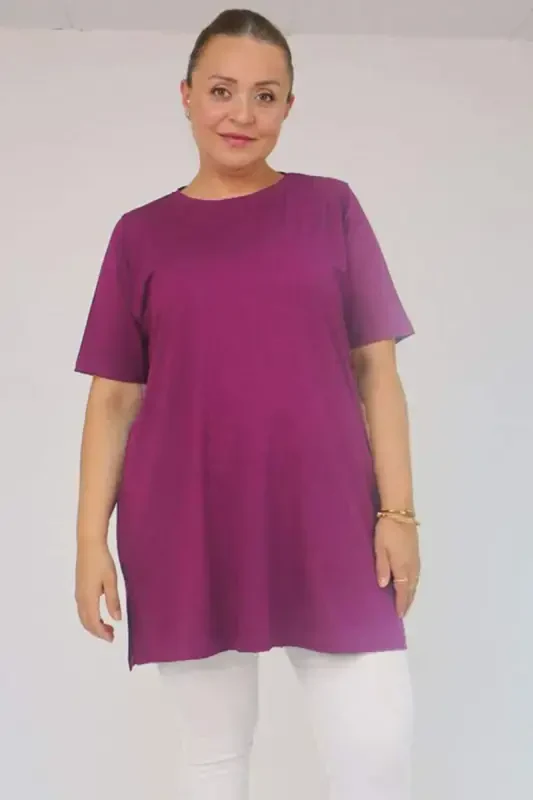 58507 Большая Футболка из Трикотажа с Бейкой на Вырезе - Фиолетовый - 1