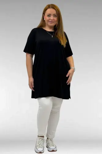 58507 Büyük Beden Yakası Biyeli Penye Tişört - Lacivert - 1