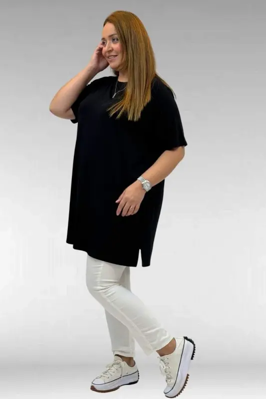 58507 Büyük Beden Yakası Biyeli Penye Tişört - Lacivert - 3