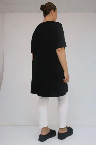 58507 Büyük Beden Yakası Biyeli Penye Tişört - Siyah - 3