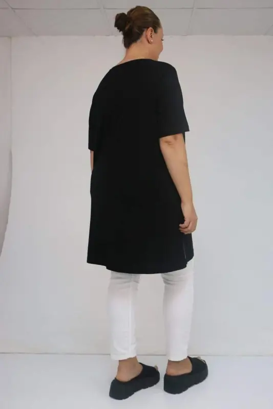 58507 Büyük Beden Yakası Biyeli Penye Tişört - Siyah - 3