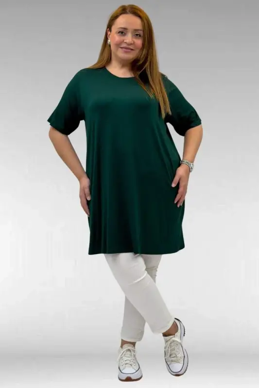 58507 Büyük Beden Yakası Biyeli Penye Tişört - Zümrüt - 1