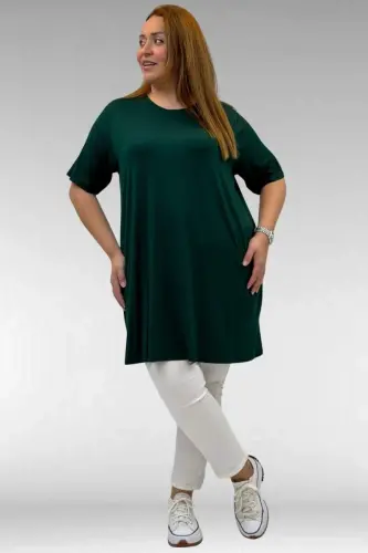 58507 Büyük Beden Yakası Biyeli Penye Tişört - Zümrüt - 3