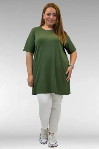 58507 Plus Size Crew Neck Cotton T-Shirt - Khaki - 1