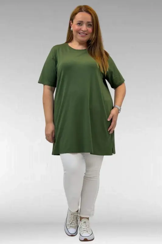 58507 Plus Size Crew Neck Cotton T-Shirt - Khaki - 1