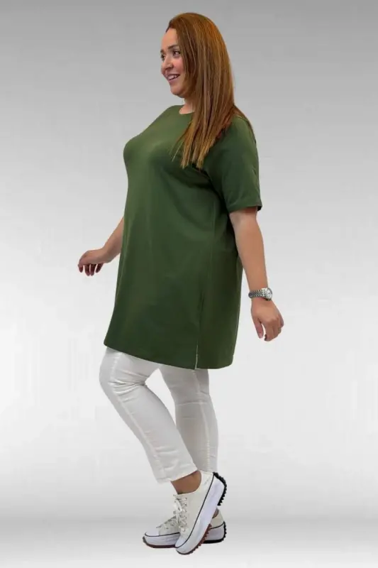 58507 Plus Size Crew Neck Cotton T-Shirt - Khaki - 3