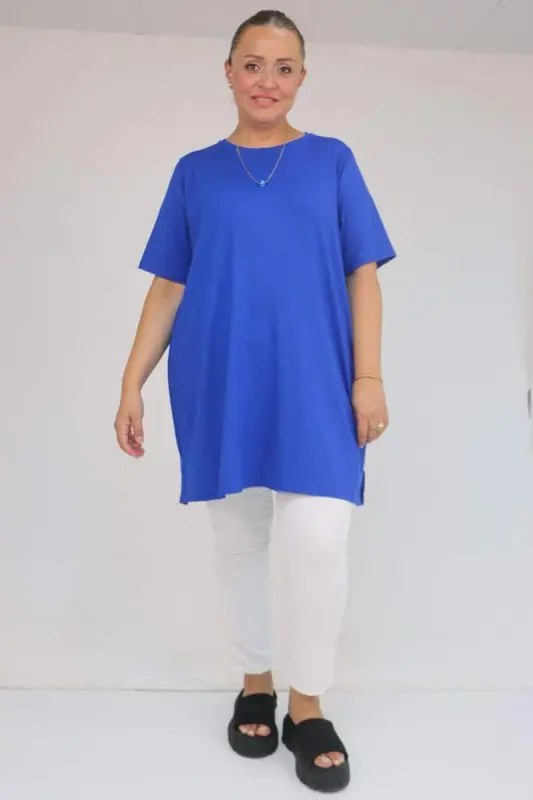 58507 Plus Size Crew Neck Cotton T-Shirt - Sax Blue - BÜYÜKBEDENIZ
