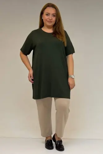 58507 Plus Size Neck Lined Jersey T-Shirt Khaki - 1