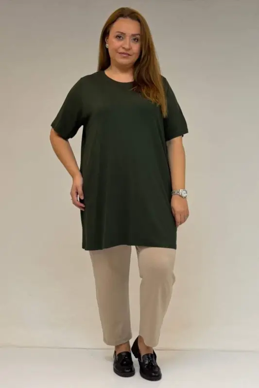 58507 Plus Size Neck Lined Jersey T-Shirt Khaki - 1