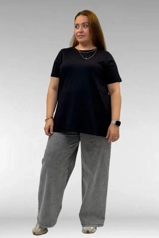 58507 Plus Size Ribbed Collar Cotton T-Shirt - Black - BÜYÜKBEDENIZ