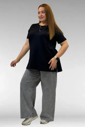 58507 Plus Size Ribbed Collar Cotton T-Shirt - Black - 3