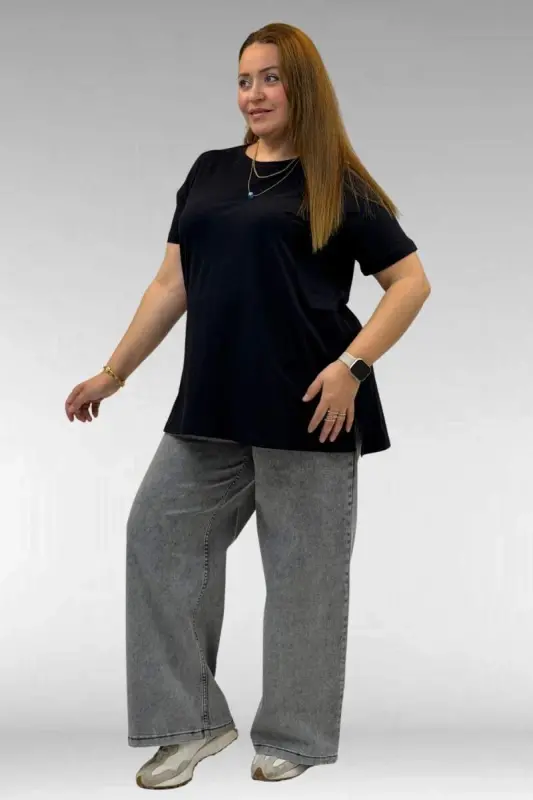 58507 Plus Size Ribbed Collar Cotton T-Shirt - Black - 3