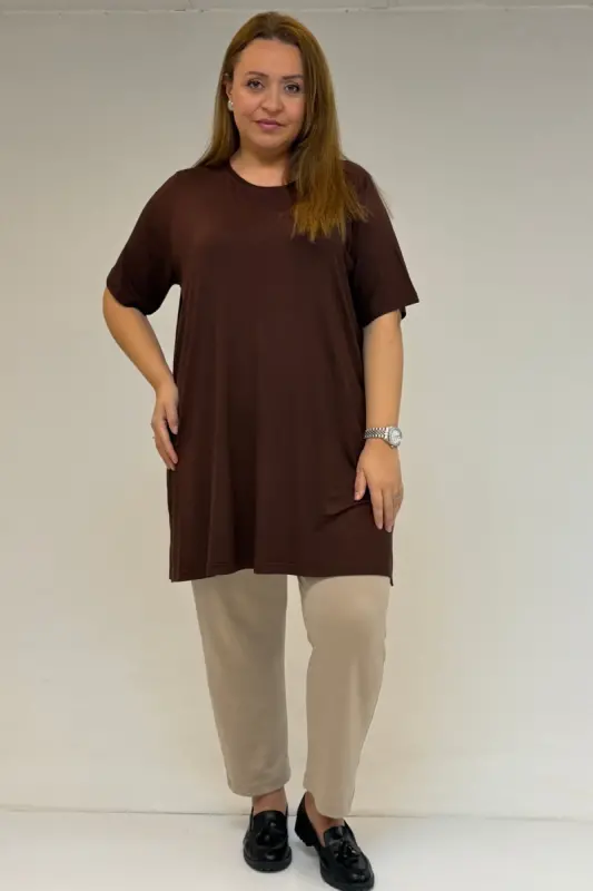 58507 Plus Size Ribbed Collar Cotton T-Shirt - Brown - BÜYÜKBEDENIZ