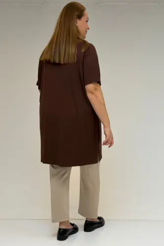 58507 Plus Size Ribbed Collar Cotton T-Shirt - Brown - 3