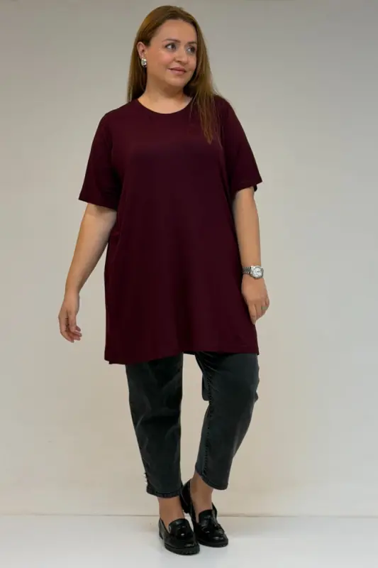 58507 Plus Size Ribbed Collar Cotton T-Shirt - Burgundy - 1