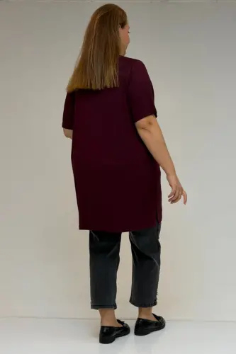 58507 Plus Size Ribbed Collar Cotton T-Shirt - Burgundy - 3