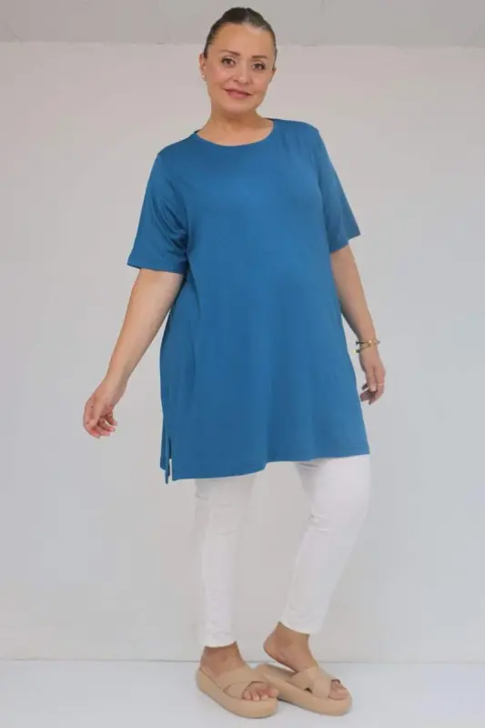 58507 Plus Size Ribbed Collar Cotton T-Shirt - Petroleum - BÜYÜKBEDENIZ