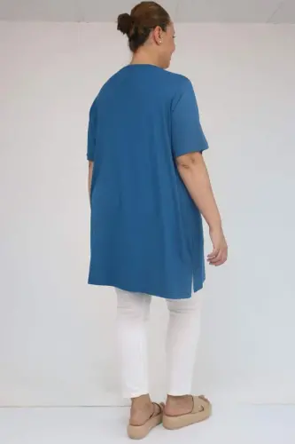 58507 Plus Size Ribbed Collar Cotton T-Shirt - Petroleum - 3