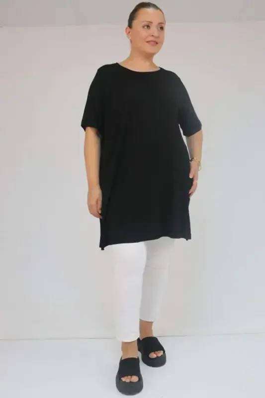 58507 Plus Size Ribbed Neckline Jersey T-Shirt - Black - BÜYÜKBEDENIZ