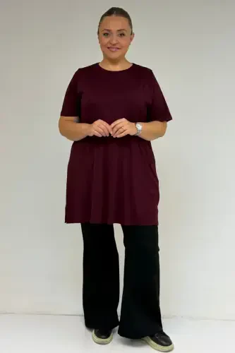 58507 Plus Size Ribbed Neckline Jersey T-Shirt - Burgundy - 1
