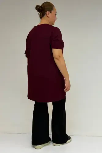 58507 Plus Size Ribbed Neckline Jersey T-Shirt - Burgundy - 3