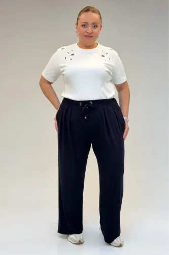 59002 Büyük Beden Pile Detaylı Penye Pantolon - Lacivert - 1