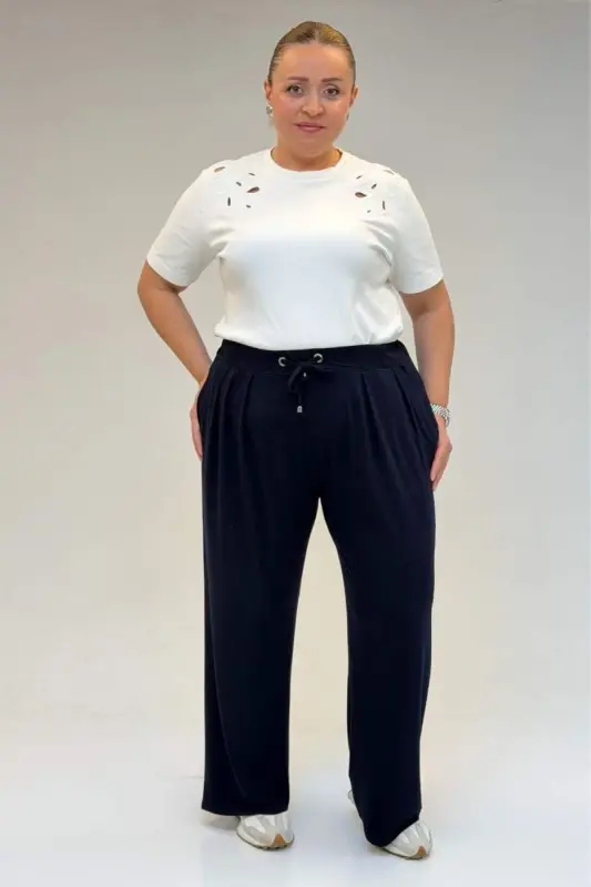 59002 Büyük Beden Pile Detaylı Penye Pantolon - Lacivert - 1