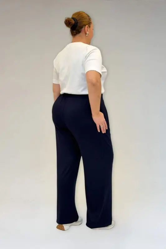 59002 Büyük Beden Pile Detaylı Penye Pantolon - Lacivert - 3