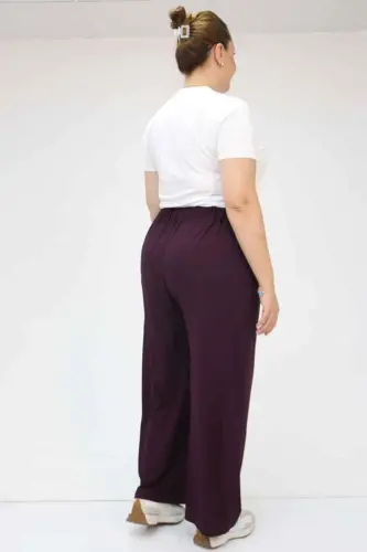59002 Büyük Beden Pile Detaylı Penye Pantolon - Mor - 3