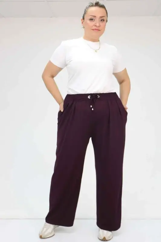 59002 Büyük Beden Pile Detaylı Penye Pantolon - Mor - 1