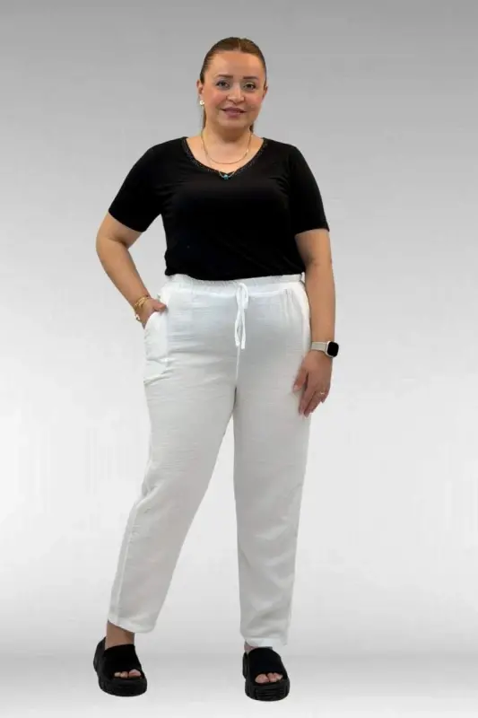 59020 Büyük Beden Beli Lastikli Müslin Dar Paça Pantolon - Ekru - BÜYÜKBEDENIZ