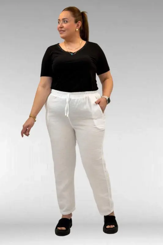 59020 Büyük Beden Beli Lastikli Müslin Dar Paça Pantolon - Ekru - 3