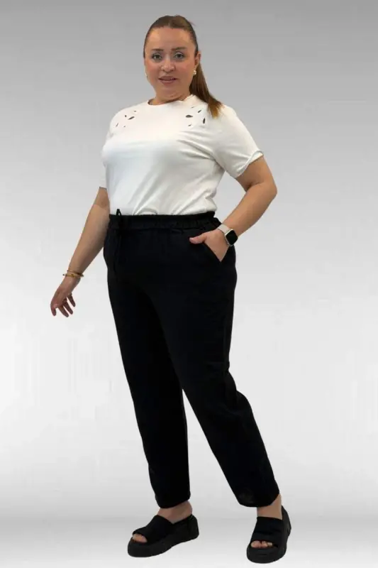 59020 Büyük Beden Beli Lastikli Müslin Dar Paça Pantolon - Siyah - BÜYÜKBEDENIZ