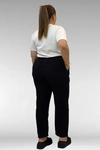 59020 Büyük Beden Beli Lastikli Müslin Dar Paça Pantolon - Siyah - 3