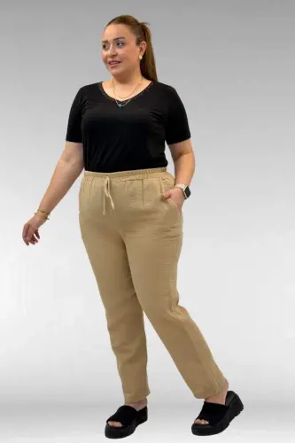 59020 Büyük Beden Beli Lastikli Müslin Dar Paça Pantolon - Vizon - 1