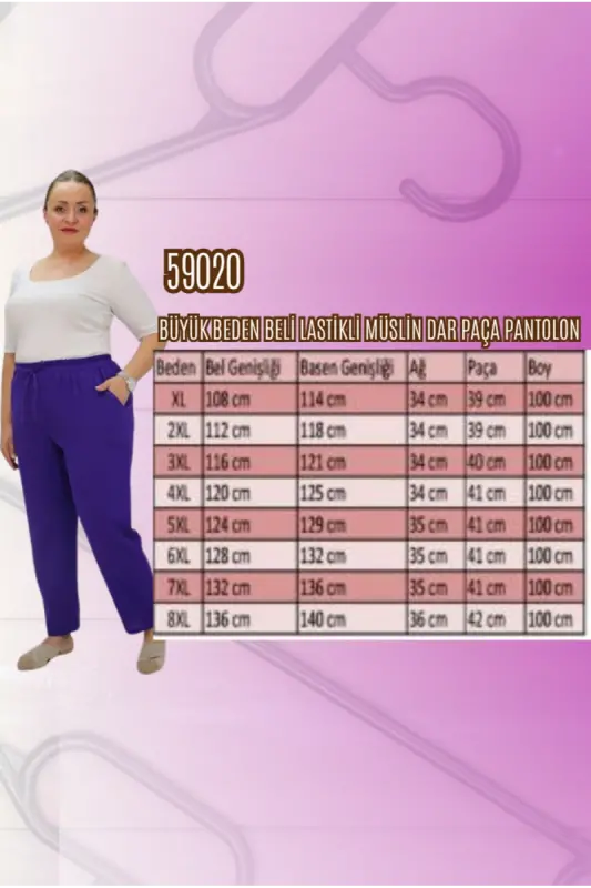 59020 Büyük Beden Beli Lastikli Müslin Dar Paça Pantolon - Vizon - 2