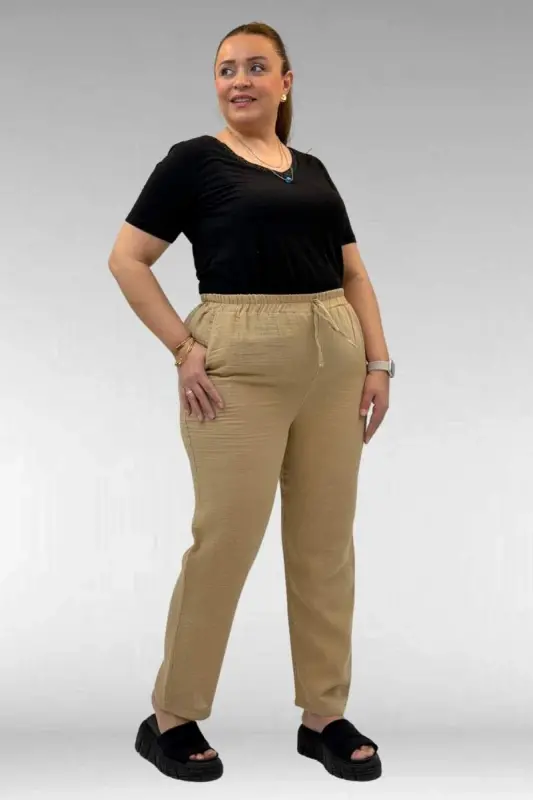 59020 Plus Size Elastic Waist Muslin Slim Leg Trousers - Mink - 3