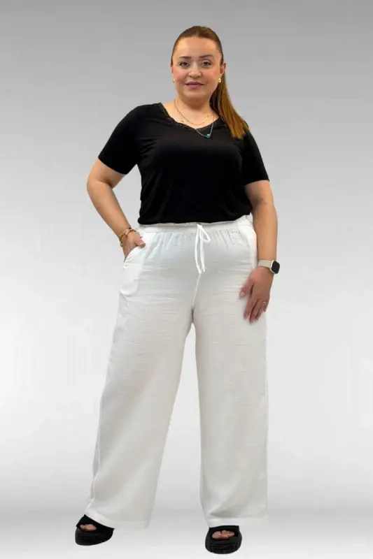 59021 Büyük Beden Beli Lastikli Müslin Bol Paça Pantolon - Ekru - 1