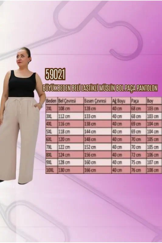 59021 Büyük Beden Beli Lastikli Müslin Bol Paça Pantolon - Ekru - 2