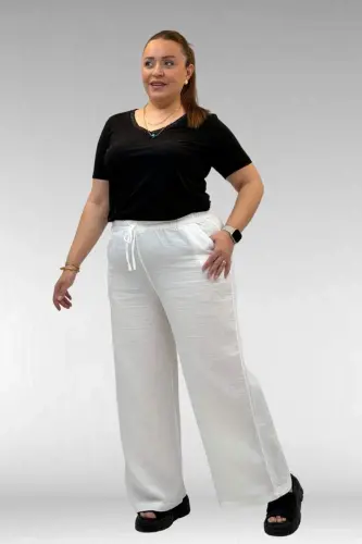 59021 Büyük Beden Beli Lastikli Müslin Bol Paça Pantolon - Ekru - 3