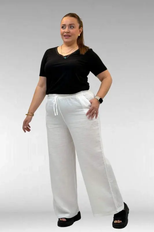 59021 Büyük Beden Beli Lastikli Müslin Bol Paça Pantolon - Ekru - 3