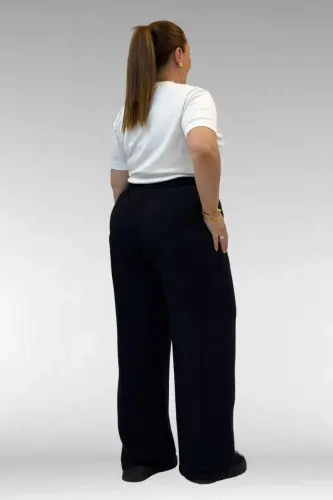 59021 Büyük Beden Beli Lastikli Müslin Bol Paça Pantolon - Siyah - 3