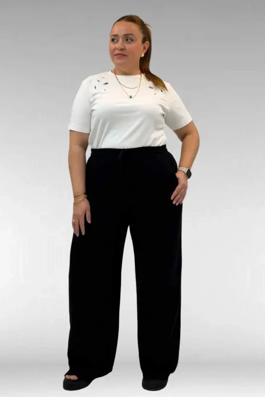 59021 Büyük Beden Beli Lastikli Müslin Bol Paça Pantolon - Siyah - BÜYÜKBEDENIZ