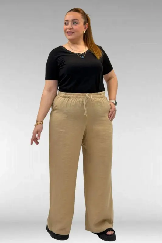 59021 Büyük Beden Beli Lastikli Müslin Bol Paça Pantolon - Vizon - 1