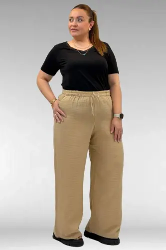 59021 Büyük Beden Beli Lastikli Müslin Bol Paça Pantolon - Vizon - 3