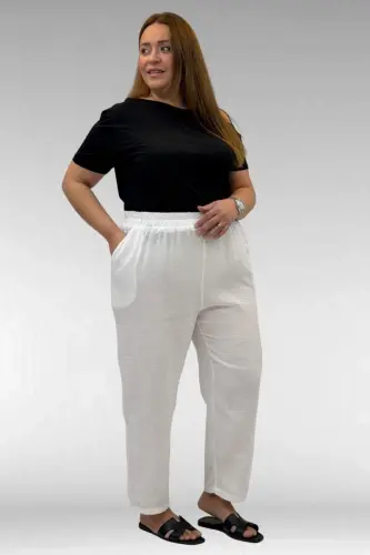 59022 Брюки из муслина больших размеров с эластичным краем - Экрю - 1